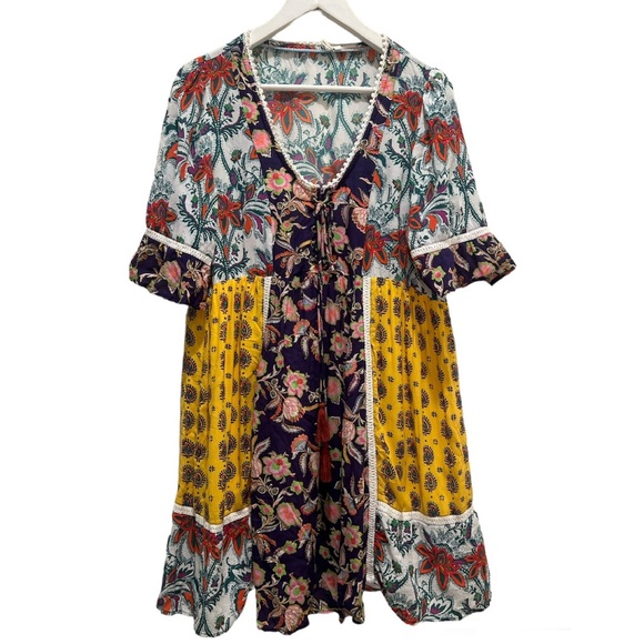 Anthropologie Lilka Patchwork Paisley Boho Trapeze Babydoll Mini Dress - Picture 5 of 10